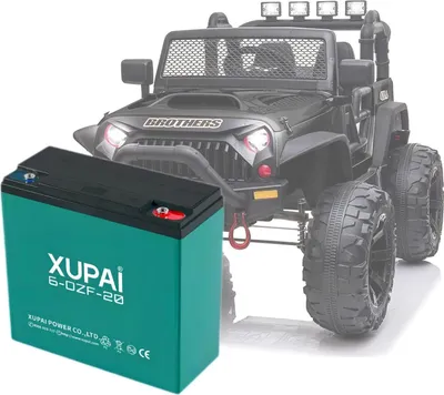 A battery is placed in front of a toy jeep.