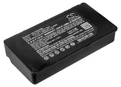 A black battery pack with labels and warnings.