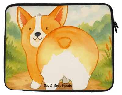 Produktbild von Mr. & Mrs. Panda Laptophülle Corgi Po Design 27 x 36 cm - Weiß - Geschenk, Laptoptasche, Laptop Sleeve, Hund, Spruch, Hülle, Sprüche, Tasche, Notebooktasche, Corgie