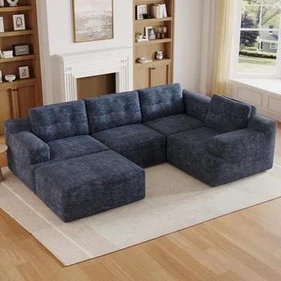 Produktbild von Merax 5 Sitzer Modulares U-Form Ecksofa, Rahmenloses Kombinationssofa Mit Hocker, L-Form Sofa Aus Vollschaum, Chenille Couch, Soffa, Blau