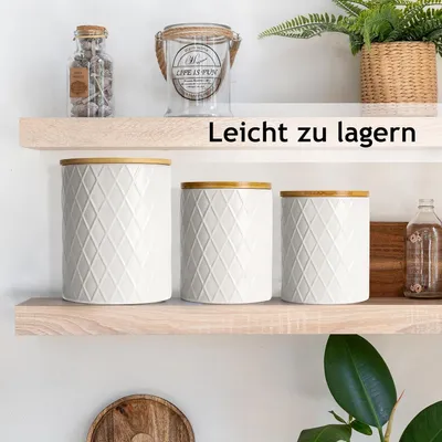 Produktbild von Set aus 3 Vorratsdosen für die Küchentheke, Keramikdose mit hermetischem Holzdeckel - perfekt für Kaffee, Tee, Zucker - Kollektion Palmanova