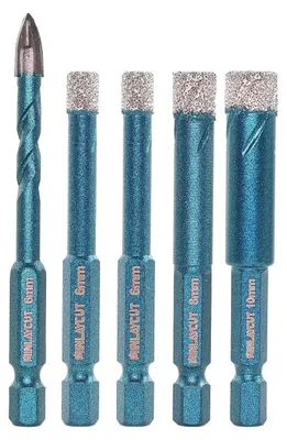 Zdjęcie produktu dla Zestaw wierteł diamentowych do płytek, 5 sztuk: 6/6/8/10 mm + wiertło z węglika wolframu 6 mm do porcelany, ceramiki, granitu i marmuru. Do wiercenia na sucho