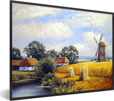 Produktbild von MuchoWow® Gerahmtes Poster Gemälde - Bauernhof - Mühle - Ölfarbe 40x30 cm - Poster mit Schwarzem Bilderrahmen Wandposter Rahmen Foto Bilder - Kunstposter - Wanddekorationen