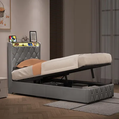 Produktbild von Polsterbett 90x200 cm mit Bettkasten, RGB-LED, USB-C, Hydraulikfunktion, Stauraum, gepolstertem Kopfteil, Einzelbett in Grau