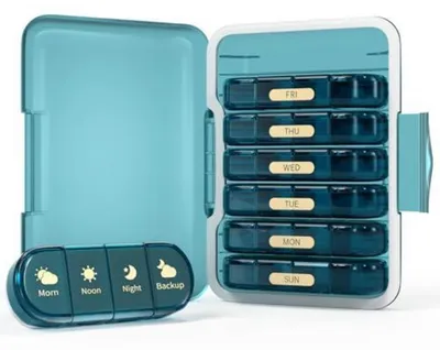 Produktbild von Tablettenbox 7 Tage 4 Fächer pro Tag Blau BPA-frei Feuchtigkeitsschutz