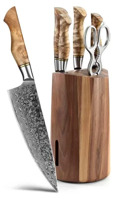 7-teiliges Damast-Messerset mit Block, Kochmesser, Santoku, Brotmesser