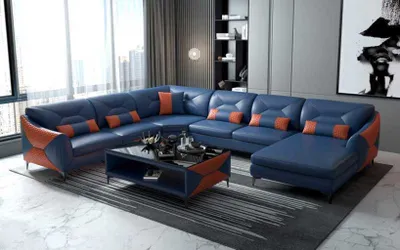 Produktbild von Groß Wohnlandschaft Sofa U Form Ecksofa Ledersofa Blau Kunstleder
