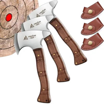 Produktbild von Beil Axt Set 3-teilig 20CM Camping Handbeil mit Scheide Holzgriff Kohlenstoffstahl 60+ HRC