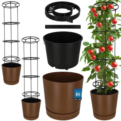 Obrázek produktu pro KOTARBAU® Sada 2 kusů květináčů pro rajčata, průměr 39 cm. Květináč s opěrnou konstrukcí pro popínavé rostliny. Konstrukce pro pěstování rajčat, výška 141 cm. Robustní a odolný plast, barva hnědá