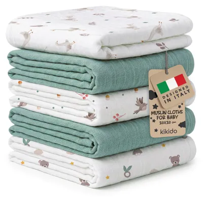 Obrázok produktu pre Kikido Mušelínové Plienky pre Bábätká 100 % Bavlna 30 × 30 cm - 5 ks Mušelínových Utierok, 6 Vrstiev - Zelený