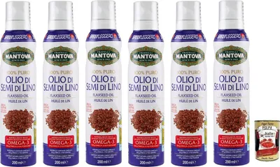 Produktbild von 6x Fratelli Mantova Olio Spray Semi di Lino Leinsamenöl,Leinölspray,Reich an Omega 3,Glutenfrei 200ml + Italian Gourmet Polpa di Pomodoro 400g Dose