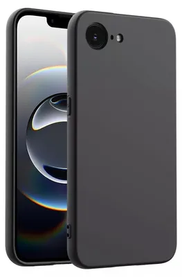 A black phone case is shown from a diagonal angle, with a smartphone partially visible behind it.