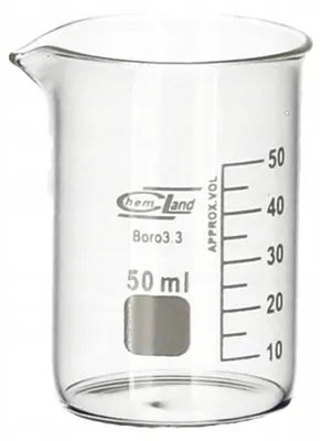Produktbild von Glasbecher 50 ml Niedrig BORO 3.3 Labor Becherglas mit Ausguss Skala