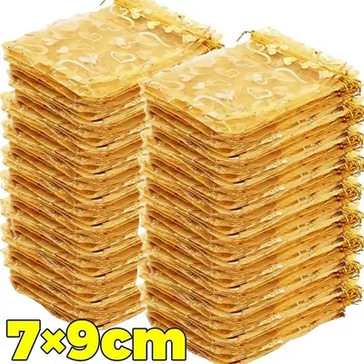 Produktbild von Organza-Geschenkbeutel - Schmuckbeutel Mit Kordelzug - 7 x 9 cm - 200 Stück - Polyester - Goldfarben - Für Schmuck