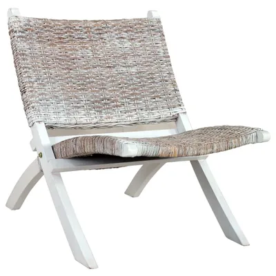 Image de The Living Store Chaise Relax Blanc Naturel Rotin Kubu et Bois Massif Acajou