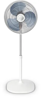 A white pedestal fan with a silver stand and a blue fan blade.