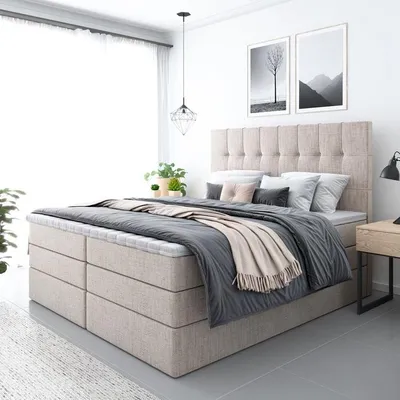 Produktbild von Bett, Boxspringbett FARO PLUS mit 2-Matrazen und Topper Visco, Doppelbett, Schlafzimmer, Polsterbett, 140x200 cm(Beige - AURA 01)
