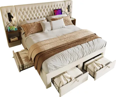 Image de Lit double 180x200cm avec lampe de lecture réglable, lit rembourré avec fonction de chargement, lit de rangement avec table de nuit, beige, velours (sans matelas)