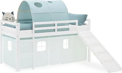 Image de Lit mezzanine enfant 90x200 cm Blanc avec rideau & tunnel Vert Menthe | Toboggan | sans sommier