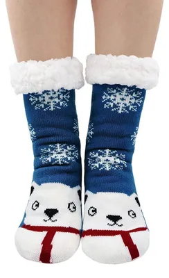 Produktbild von Stoppersocken Damen dick mit Anti Rutsch Sohle, warme Haussocken mit Innenfrottee, Größe 36-41, Bär Blau