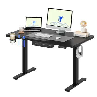 Zdjęcie produktu dla Biurko z regulacją wysokości FLEXISPOT QE1, 120 x 60 cm, jednoczęściowy blat, 4 pozycje zapamiętane, zabezpieczenie przed kolizją, wieszaki i system zarządzania kablami (czarne)