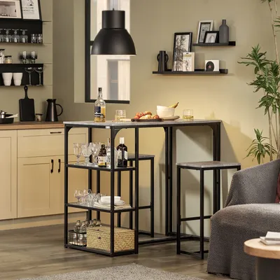 Obrázok produktu pre SoBuy OGT43-HG 3-dielny barový stôl so stoličkami Jedálenský stôl Barový pult s 3 policami Bistro stôl do jedálne s 2 barovými stoličkami Sedacia súprava svetlosivá