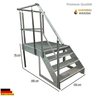 A metal outdoor staircase with handrails and safety rails.