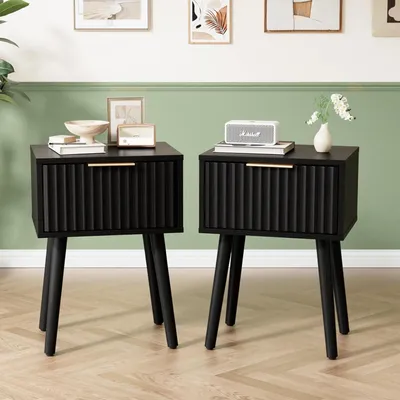 Produktbild von FCH Nachttisch 2er Set mit Schublade, Gekerbter, Beistelltisch für Schlafzimmer, 40 x 30 x 55 cm, Schwarz