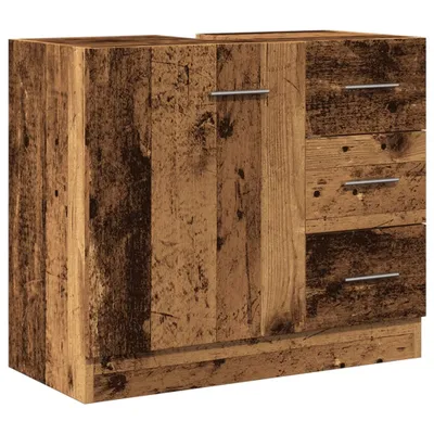A product shot of a wooden cabinet with drawers and a door.