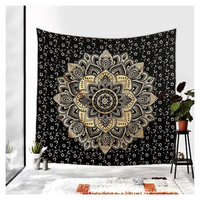 Produktbild von Traditionelles indisches Mandala-Hippie-Wandbehang, Baumwoll-Tapisserie, Ombré-Stil, Bohemian-Tagesdecke (King (225 x 265 cm), schwarz-goldene Blume)