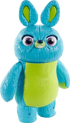 A blue bunny toy with a green belly, standing and facing forward.