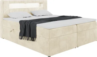 Produktbild von MEBLINI Boxspringbett mit Bettkasten - Bett mit LED Kopfteil - Gepolstert Doppelbett mit Matratze und Topper - Polsterbett mit Stauraum - Stauraumbett - ASPIN - 160x200 - H3/Beige Samt