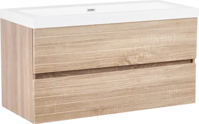 Produktbild von BELIANI Waschtischunterschrank mit Waschbecken Hellbraun MDF Holzoptik Harz 100 x 46 cm Wandmontage 2 Schubladen Waschbeckenunterschrank Badezimmer
