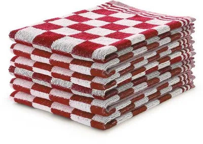 Obrázek produktu pro Sada 6 bavlněných utěrek Unyqoos® LINNICK, kostkované, červené, 50x50 cm, 100% bavlna, 450 g/m², vysoce savé, s poutkem na zavěšení