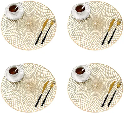 Produktbild von Platzdeckchen 4er Set, Gold Tischuntersetzer Rund Platzset Tischset Vinyl Hohl Platzsets Abwischbar PVC Platzdeckchen für Küche, Zuhause, Speisetisch ( 38 cm)
