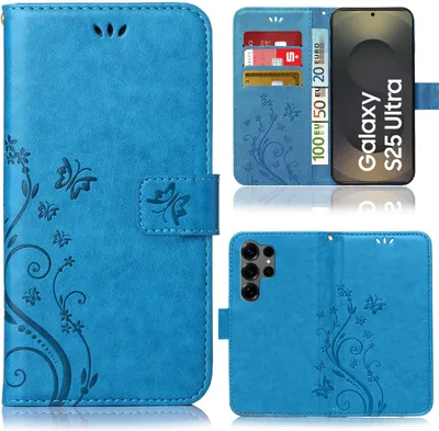 Produktbild von Handytasche für Samsung Galaxy S25 Ultra Schutz Hülle Handyhülle mit Blumenmuster Klapp Hülle mit Standfunktion und Kartenfächer Farbe: Blau
