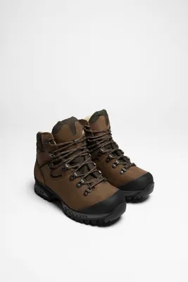 A pair of brown hiking boots on a white background.