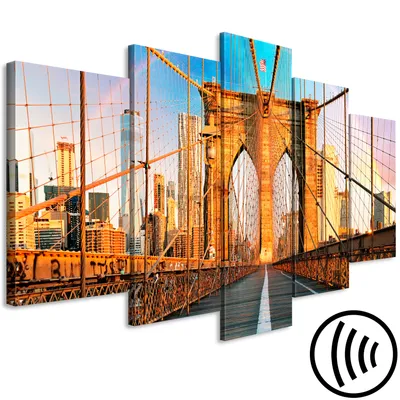 Produktbild von Akustikbild New York 200x100 cm Bilder Akustikschaum Hochleistungsschallabsorber Schallschutz Leinwand 5 tlg Wandbild Raumakustik Schalldämmung Manhattan Brooklyn Brücke d-B-0254-b-m