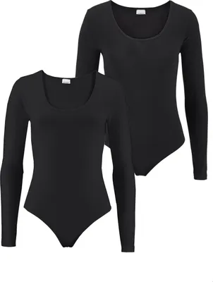Two black long-sleeved bodysuits are shown against a white background.
