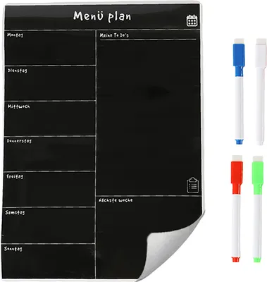 Obrázek produktu pro Relaxdays Týdenní plánovač jídelníčku, š x v 42 x 30 cm, magnetický, omyvatelný, 4 fixy, tabule na ledničku, černá