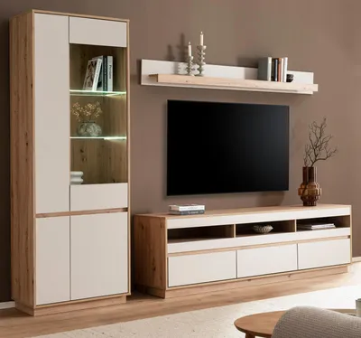 Produktbild von Wohnwand "Kiruma" in Kaschmir und Artisan Eiche Wohnkombination 3-teilig 292 cm, Soft-Close