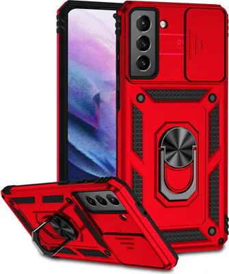 Image de Étui pour Samsung Galaxy S21 5G étui double couche avec couvercle coulissant pour l'appareil photo et anneau de support rouge