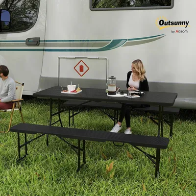 Immagine prodotto di Set per birreria all'aperto - Set di panche per birreria - Tavolo pieghevole - Set per tenda da festa - Tavolo da campeggio - Aspetto rattan