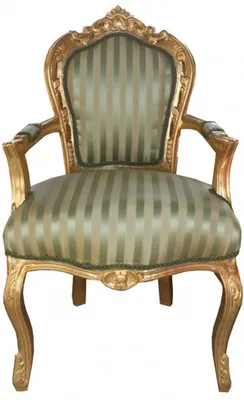 Produktbild von Casa Padrino Barock Esszimmer Stuhl Grün / Creme Streifen / Gold mit Armlehnen - Antik Möbel