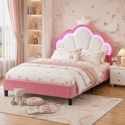 Produktbild von INONEFT 140 × 190 cm Doppelbett, Kinderbett mit kronenförmigem Kopfteil und LED, polsterbett mit Lattenrost, Samt, rosa + weiß, ohne Matratze, KI-generiertes Bild