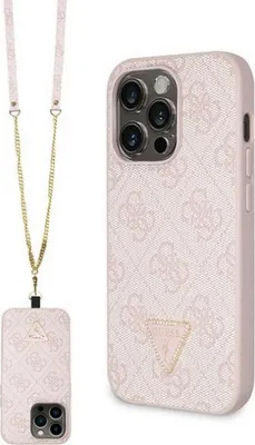 A pink Guess phone case with a crossbody strap and a small pouch, displayed next to a close-up of the phone case.