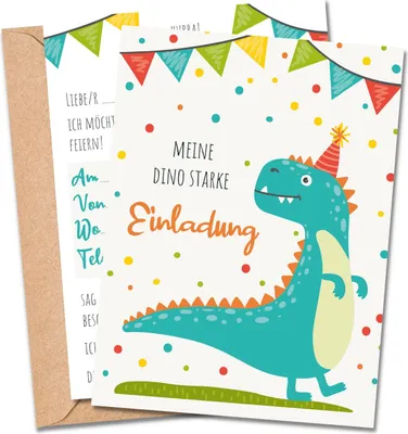 Produktbild von MeinBaby123® 10 Einladungskarten Kindergeburtstag inkl. Umschläge | Dino