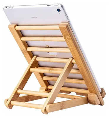Produktbild von Bambus Handy Tablet Halter klappbar verstellbar 22×17 cm Smartphone Ständer Holz ergonomisch für Büro Küche Zuhause