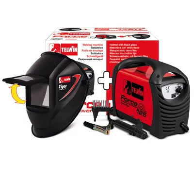 Immagine prodotto di Saldatrice ad elettrodo TELWIN Force 125 Inverter DC 10 - 80 A in set con casco da saldatura, portaelettrodo e set di collegamenti di massa