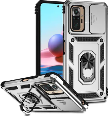 Image de Étui pour Xiaomi Redmi Note 10 Pro/10 Pro Max étui double couche avec couvercle coulissant pour appareil photo et anneau de support Argent